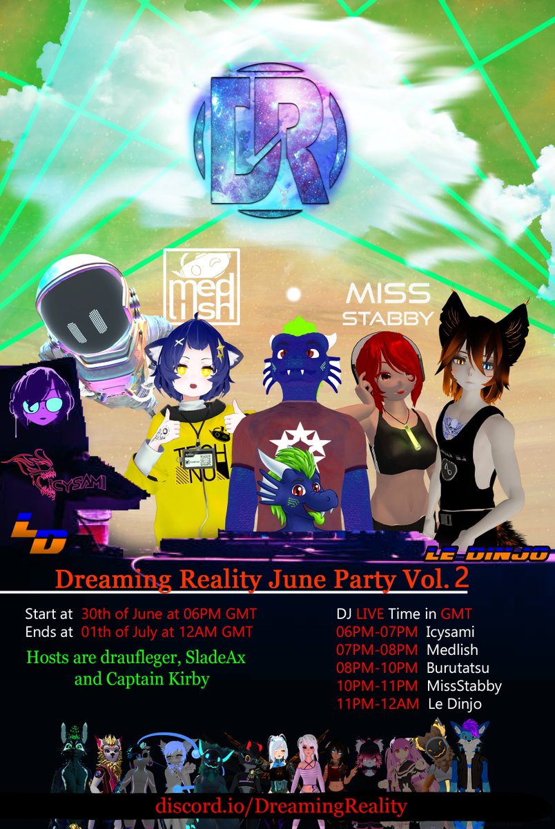 Yo tonight is party night so come and stop by.
also here is our 
VRC Group vrc.group/DREAM.6521
and our Discord discord.io/DreamingReality 
Dj´s are 
Icysami
<a href="/medlish/">medlish</a> 
<a href="/burutatsu/">Burutatsu 🇩🇪🇬🇧 🔜BFD, C.A.M.P, EF</a> 
<a href="/MissStabby/">Miss Stabby</a> 
<a href="/LeDinjo/">leDinjo</a>