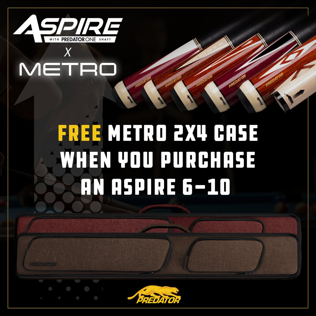PredatorCues's tweet photo. Get a free case and a brand-new cue!
With each beautiful inlaid Aspire 6-10 cue, you can now get a free Metro 2x4 Cue Case that matches the style of the playing cue.
Your ticket to win: https://t.co/Uk7UScsBvi
#Billiard #PoolCueSale #BilliardsSale #InlaidCue #PredatorCues https://t.co/dospade0mS