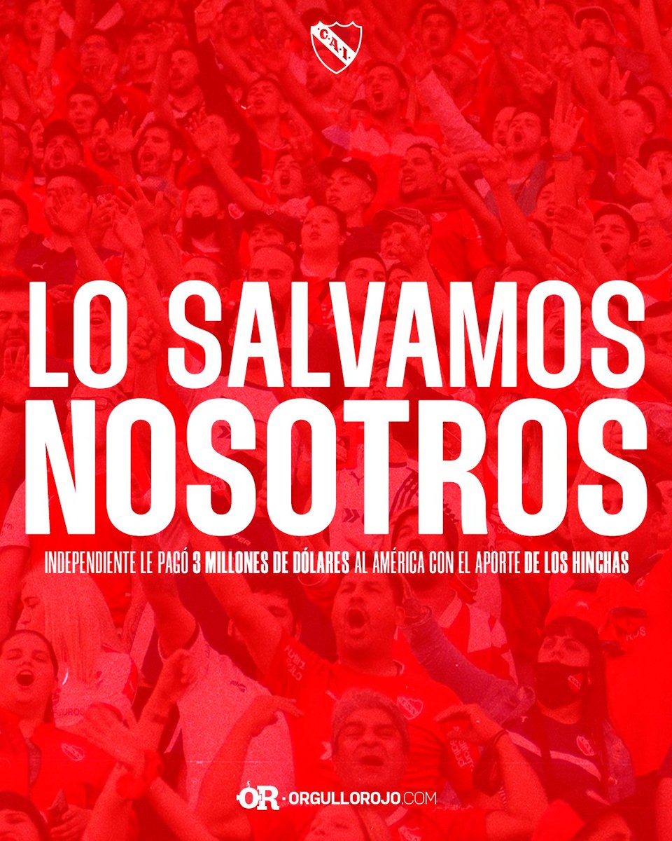 ✅ LO SALVAMOS NOSOTROS

🇦🇹 #Independiente informó que realizó un segundo pago de 3M USD al América de México.

👉🏼 La transferencia se realizó con el dinero recaudado en la colecta de los hinchas del Rey de Copas.

¿Qué te parece?