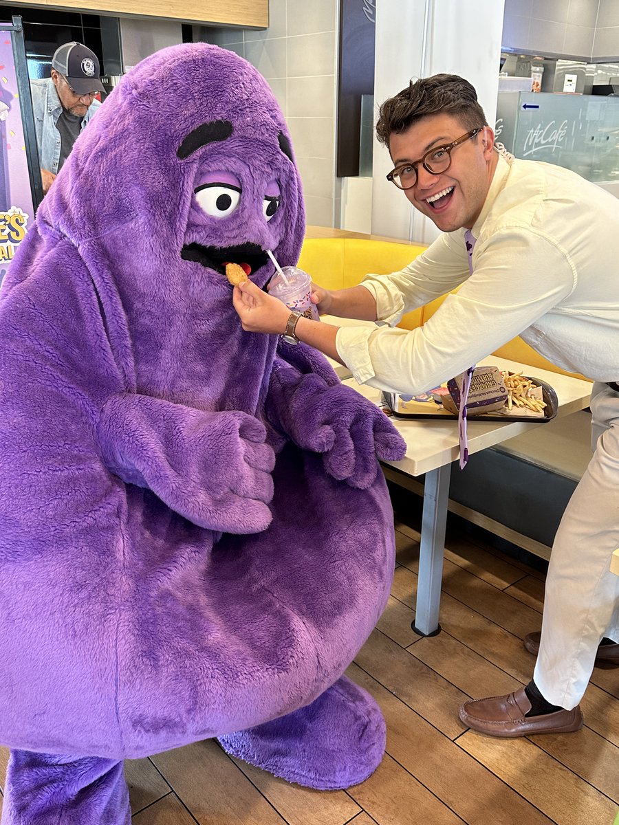 13abc's tweet photo. Have you tried the Grimace Shake?

Despite all the viral hype, McDonald's Grimace still made time to silently stare at @EthanKWatts while making a stop at the Alexis Rd. McDonald's location this morning. https://t.co/XoRTECqF1C