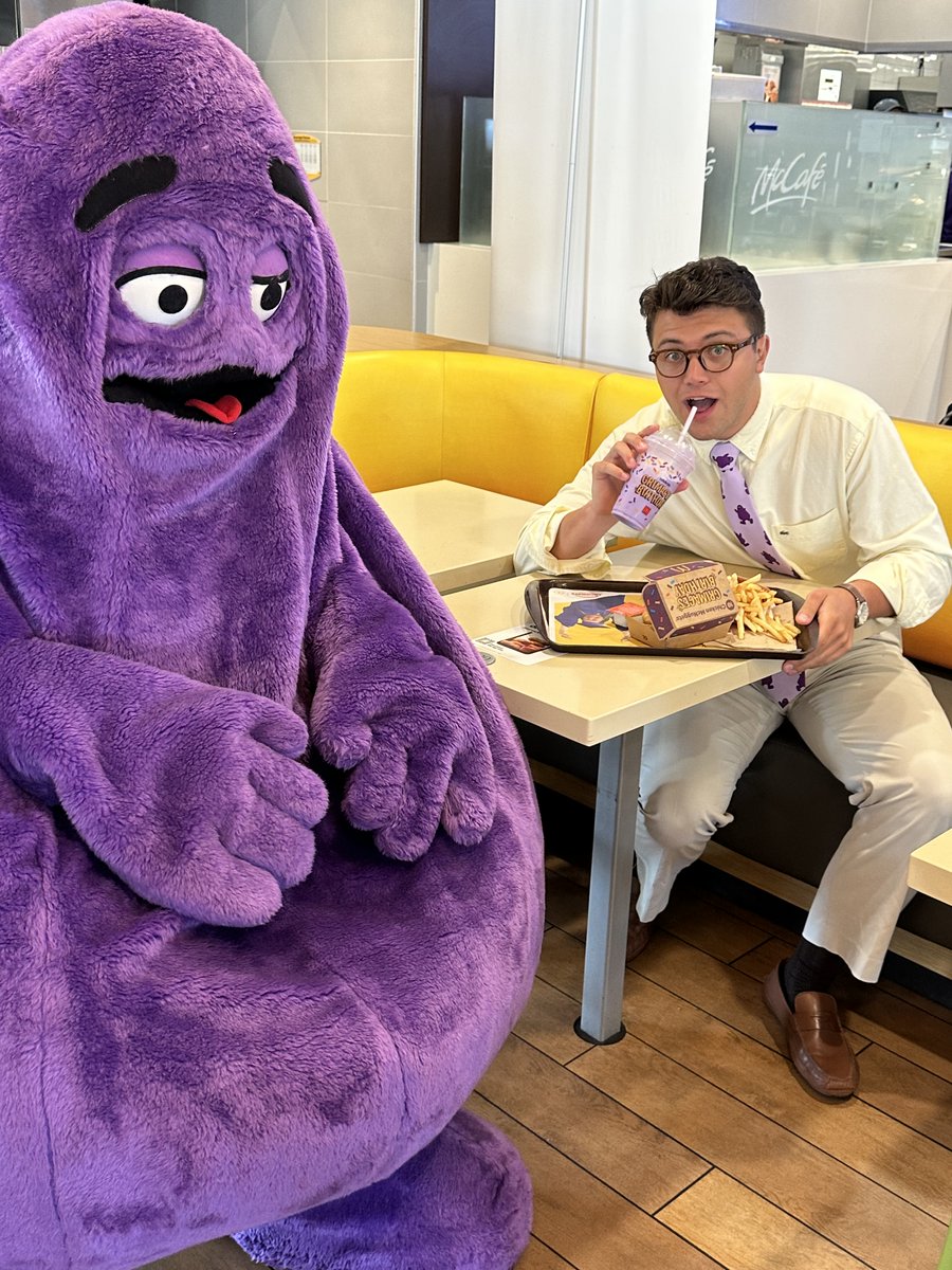 13abc's tweet photo. Have you tried the Grimace Shake?

Despite all the viral hype, McDonald's Grimace still made time to silently stare at @EthanKWatts while making a stop at the Alexis Rd. McDonald's location this morning. https://t.co/XoRTECqF1C