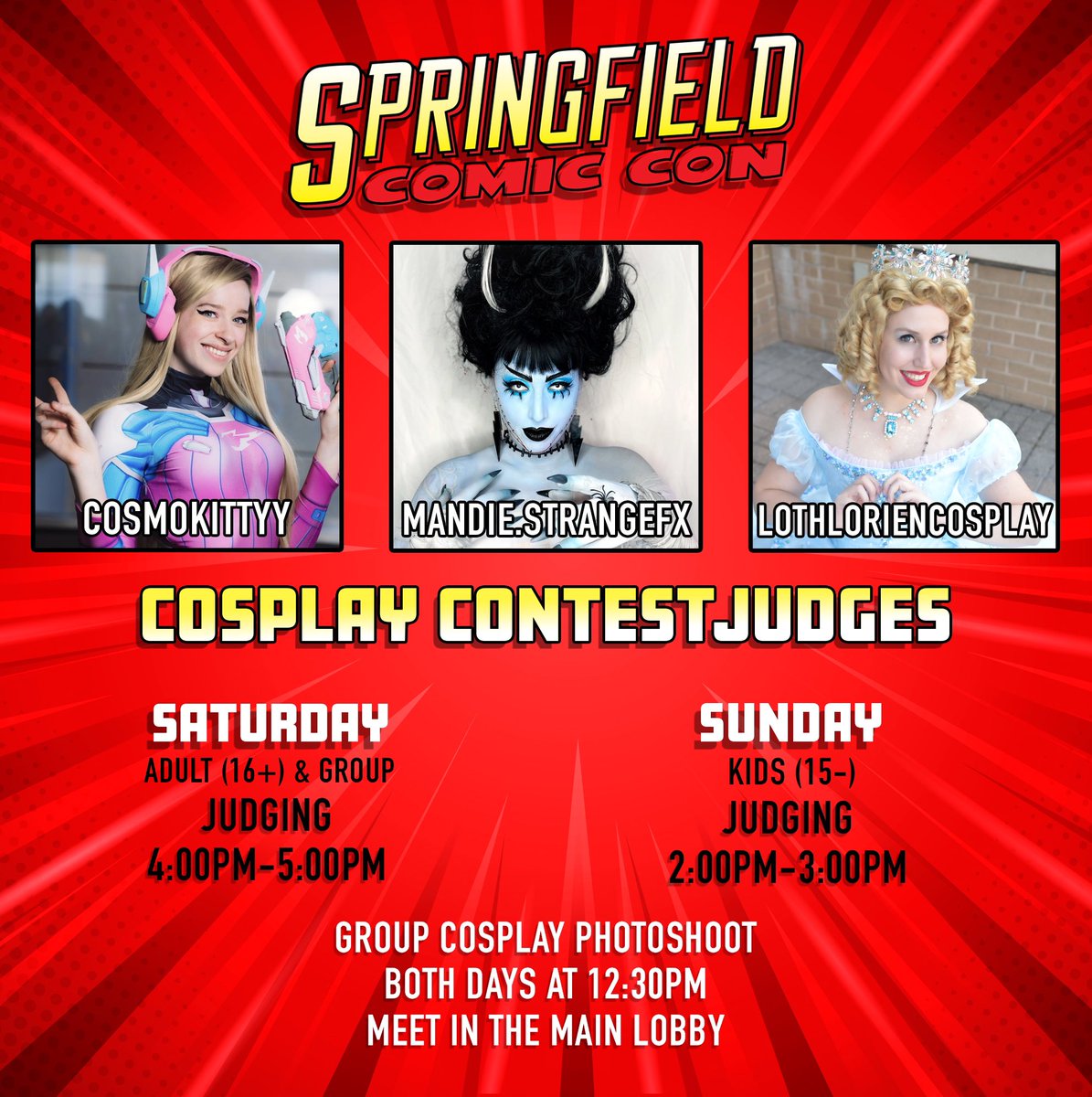 Hey there Superheroes! We cannot wait for the show and for the Cosplay Contest! 
￼
Here are the times for the Cosplay Contests on both days. For more info:
springfieldcomiccon.com/cosplaycontest/

<a href="/Cosmokittyy/">cosmokittyy the cosplayer ✨</a> <a href="/MandieStrange/">MStrange</a> @lothloriencos
