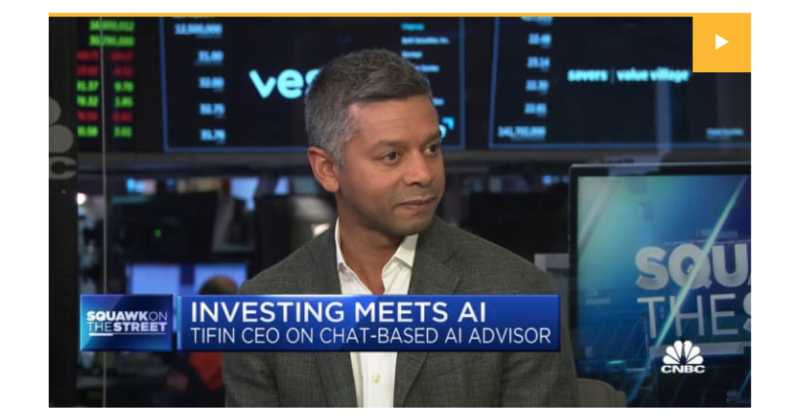 TIFINfintech's tweet photo. Our Founder &amp; CEO @DrVinayNair joined @CNBC's ‘Squawk on the Street’ this morning to discuss @DiscoverMagnifi's AI investing assistant, our long-term goals for the business, and the potential we see in the intersection of #investments and #AI.