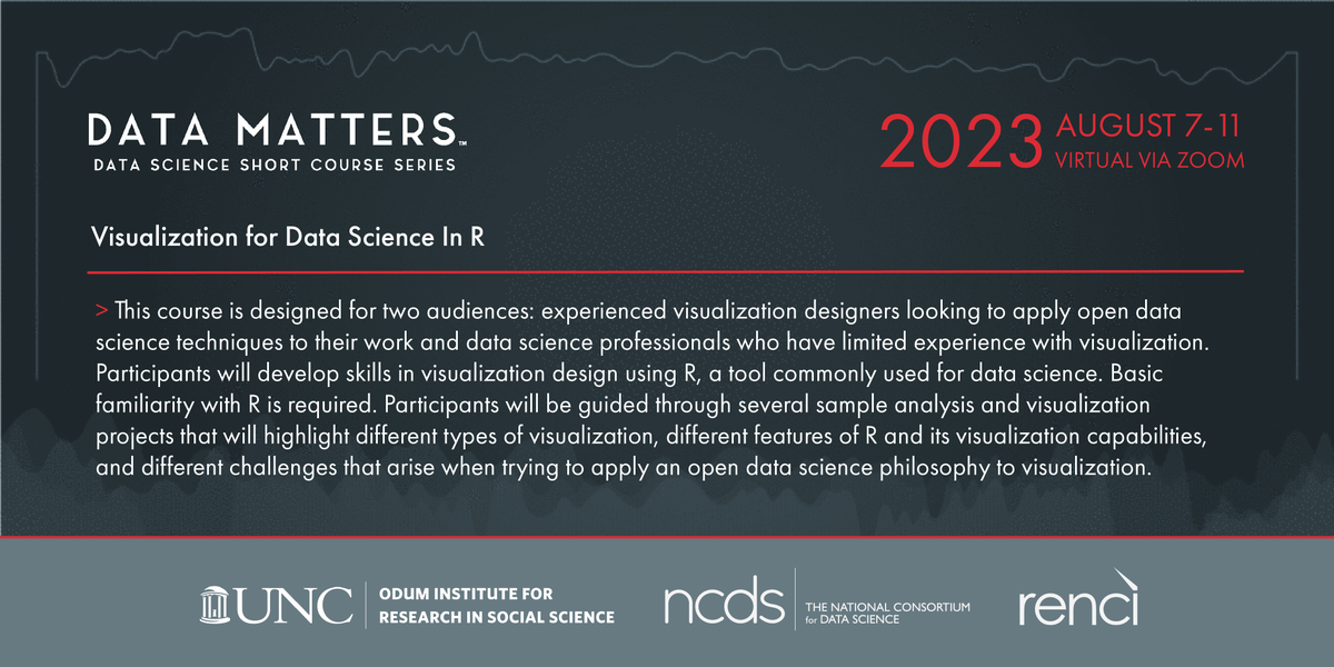 TheNCDS's tweet photo. During #DataMatters course "#Visualization for #DataScience in #R," Participants will develop skills in #vizdesign using R, a tool commonly used by data scientists. #rstats #dataviz #dataanalytics #statistics #bigdata #visualizationdesign

Register today: https://t.co/eEFkcZ2VvZ https://t.co/kiERVAKXQc