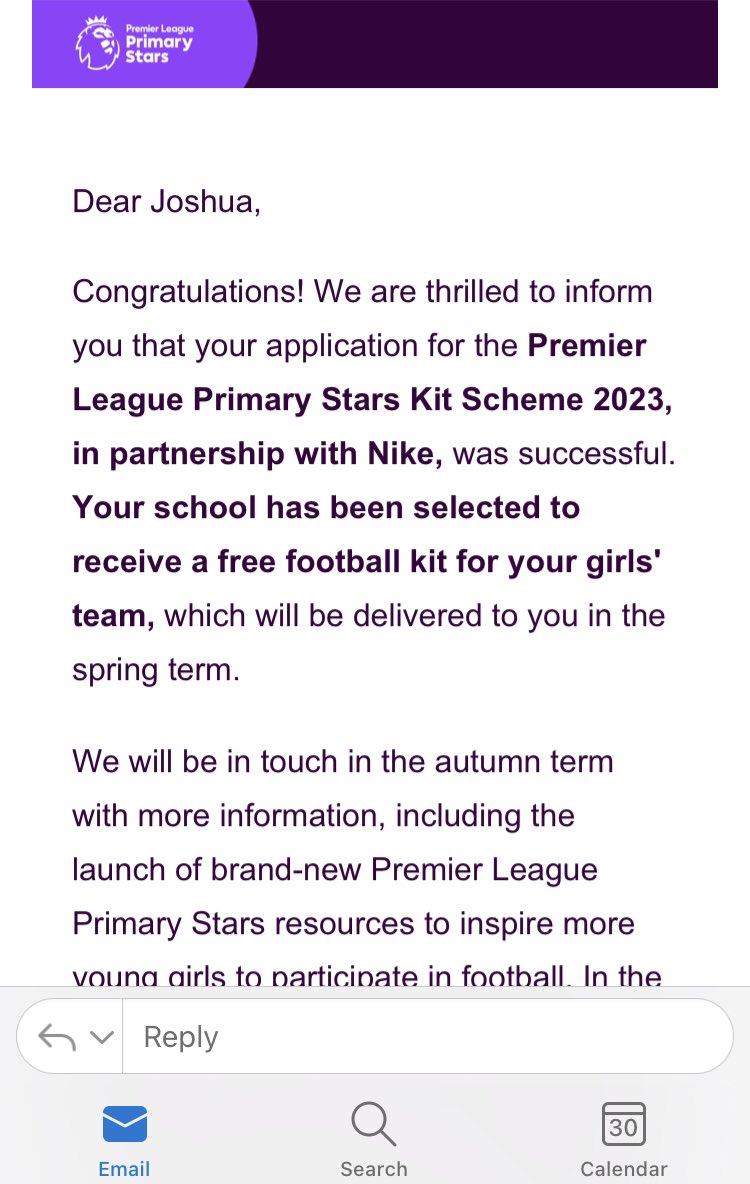 A lovely email to receive! 👚⚽️

Thank you @PLCommunities @PLComms 

#PLPrimaryStars #freekit