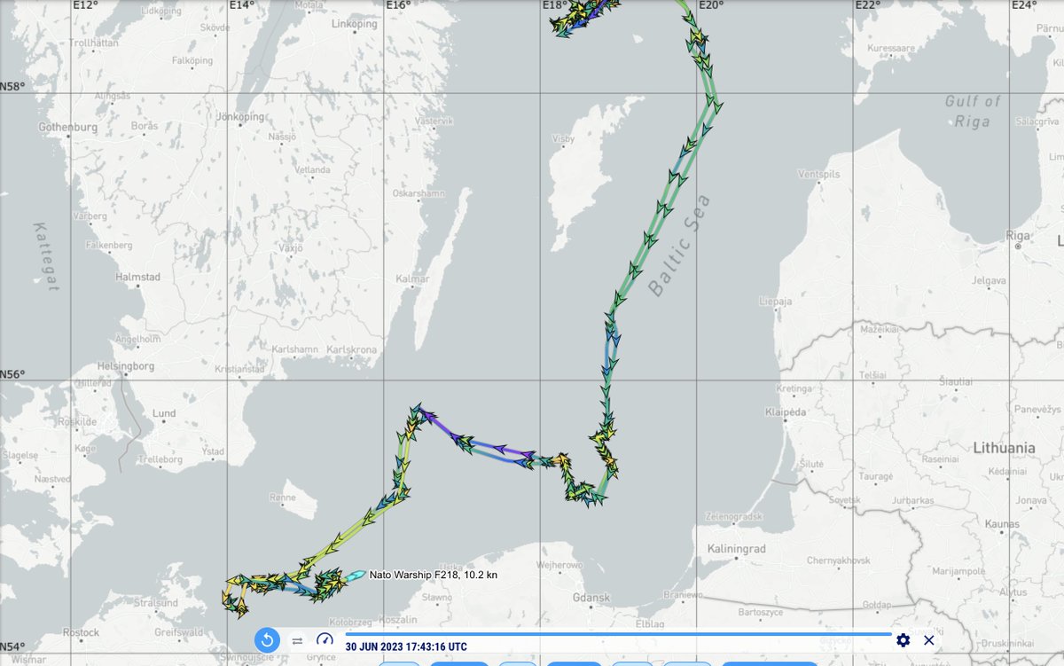 Among the NATO assets are these two frigates, one Dutch and one German. Patrolling south Bornholm at moderate speed.