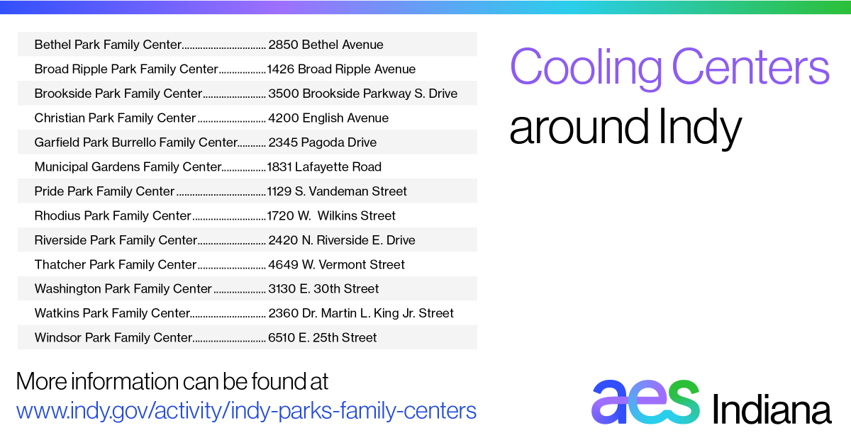 AESIndiana's tweet photo. Indy Parks Family Centers are open until 8 p.m. 6/30 and 7/1 as cooling centers. Additionally, they will be offering their summer meal programs to all youth 18 and under today. Find a location near you by looking at the serving sites here https://t.co/ob7H8RJmwy @IndyParksandRec https://t.co/DdEa0VPVUN