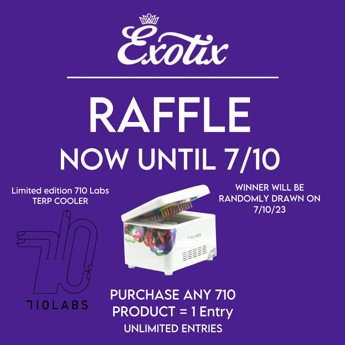 ExotixHollywood's tweet photo. NOW UNTIL 7/10!! PURCHASE ANY 710 Brand Product, you will be entered to win a LIMITED EDITION @710labs TERP COOLER‼️‼️ winner will be RANDOMLY selected on 7/10/23. ENTRIES ARE UNLIMITED #710labs #GiveAway  GOOD LUCK 🤞 https://t.co/4no0csU3dm