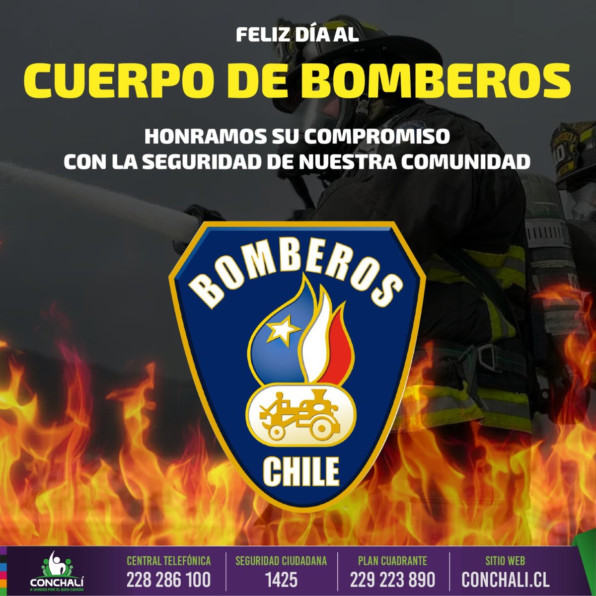 [DÍA NACIONAL DEL BOMBERO/A] La Municipalidad de Conchalí reconoce el esfuerzo sin igual que realizan cada uno de los bomberos y bomberas que conforman el Cuerpo de Bomberos voluntarios de Chile 👨👩🚒 y los saluda muy afectuosamente en su día 🤝 #UnidosPorElBienComún 💜