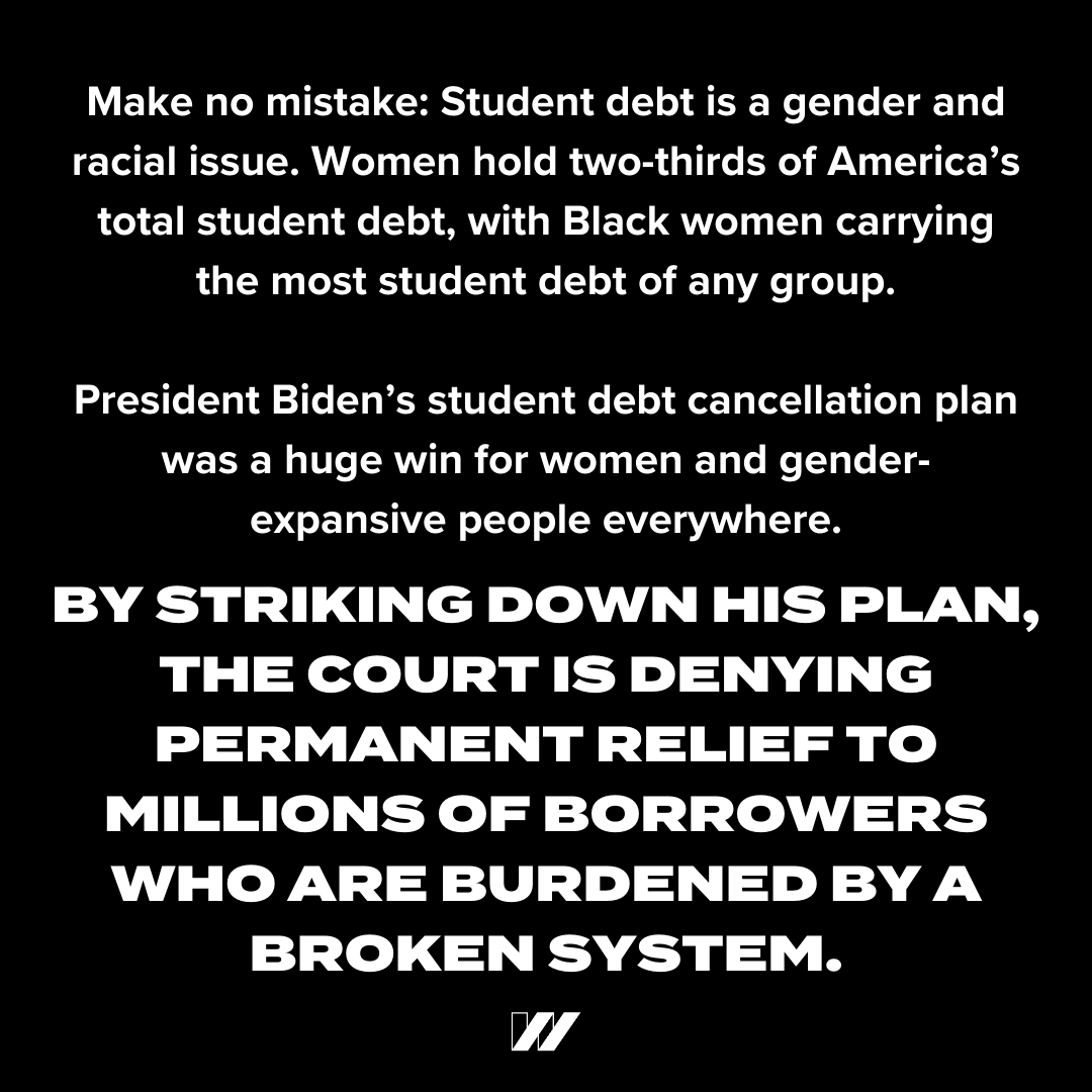USOWomen's tweet photo. The student debt crisis disproportionately impacts Black and brown women and gender-expansive borrowers. This decision reverses what would have been life-changing relief for borrowers burdened by a broken student loan system. #StudentDebtIsAGenderIssue https://t.co/2GnNmcGAY0