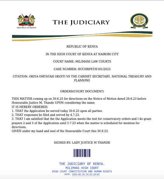 The High Court this afternoon issued conservatory orders temporarily suspending implementation of Finance Act '23. Measures targeting an additional Kes 311 billion in tax revenue effective July 1st screeched to a halt. 

This is not the 1st Omtatah-Finance Bill watershed. 
A 🧵