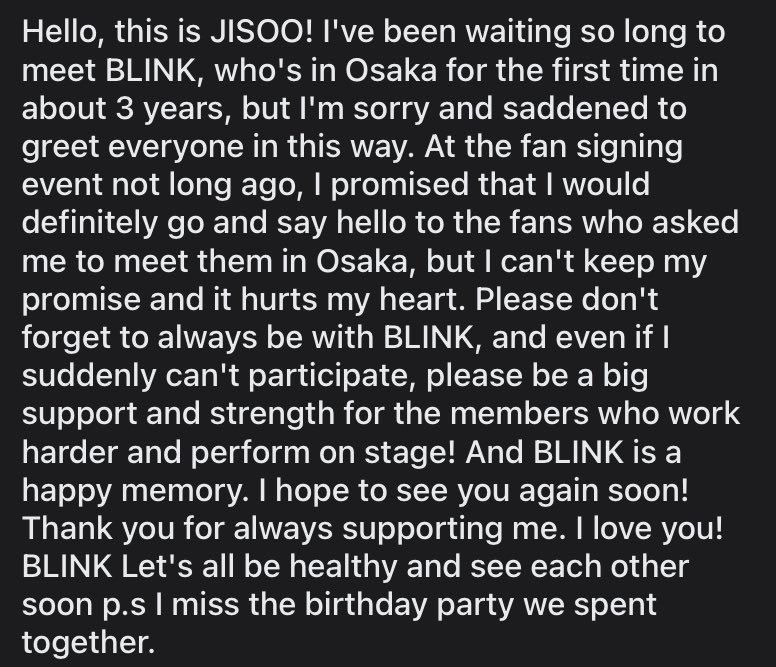 Biliyorsunuz ki Jennie Melbourne konserinde sahneden ayrılmak zorunda kaldı, Jisoo için Osaka konserinden önce corona olduğu için konsere katılamadı. Fakat ikisi de konser sonrası üzüntülerini dile getirdiler ve fanlardan özür dilediler.