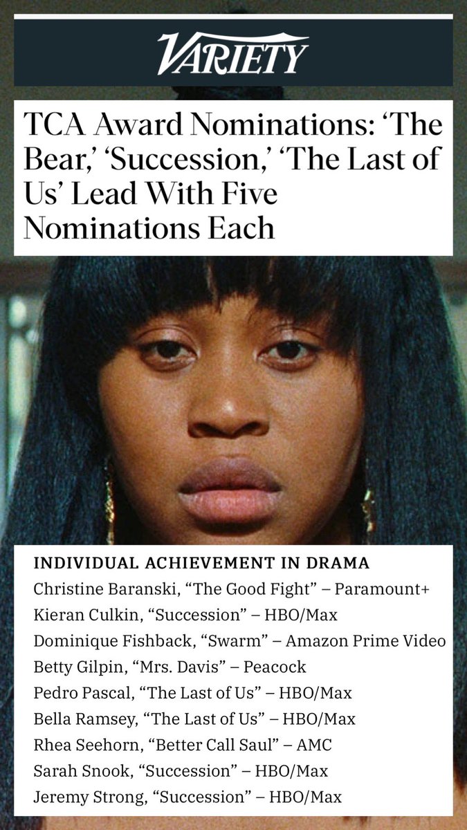 I’m really honored by this recognition and consideration for my role as Dre in <a href="/SwarmOnPrime/">Swarm</a> from the Television Critics Association. Achievement is a power word because it feels like that I couldn’t be prouder of the work we all did on our show! <a href="/OfficialTCA/">The TCA</a> thank you! #TCA22
