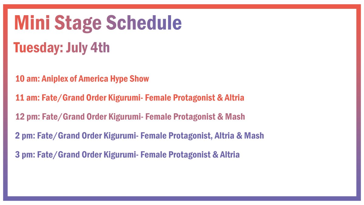 FateGO_USA's tweet photo. Are you ready for @AnimeExpo?!

The Aniplex of America Entertainment Hall Booth E-14 has so many things planned throughout the weekend! Let us know what you're planning on attending!
#animeexpo https://t.co/oC60W3wJo2
