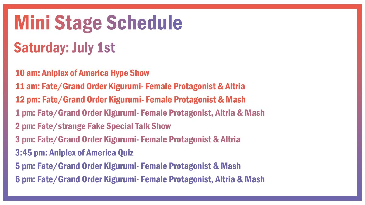 FateGO_USA's tweet photo. Are you ready for @AnimeExpo?!

The Aniplex of America Entertainment Hall Booth E-14 has so many things planned throughout the weekend! Let us know what you're planning on attending!
#animeexpo https://t.co/oC60W3wJo2