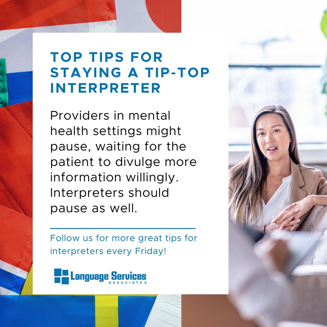 LSAWeb's tweet image. Providers in mental health settings might pause, waiting for the patient to divulge more information willingly.  Interpreters should pause as well.

#InterpreterTip #Interpreter #InterpreterLife #LSP #LanguageAccess #ProfessionalTips #ProfessionalDevelopment