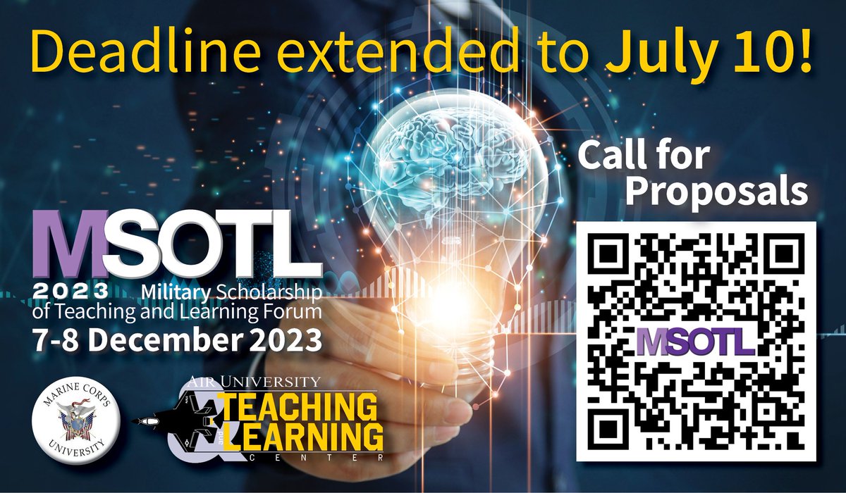 Air University Teaching & Learning Center (@airteaching) on Twitter photo Do you have some free time over the weekend? Don't forget the deadline to submit a proposal for the 2023 #MSOTL Forum is extended to 10 JUL! All details: ow.ly/OOuG50OZh3P. <a href="/HQAirUniversity/">Air University</a> <a href="/MarineCorpsU/">Marine Corps University</a> #SOTL #AUTLC Do you have some free time over the weekend? Don't forget the deadline to submit a proposal for the 2023 #MSOTL Forum is extended to 10 JUL! All details: ow.ly/OOuG50OZh3P. <a href="/HQAirUniversity/">Air University</a> <a href="/MarineCorpsU/">Marine Corps University</a> #SOTL #AUTLC