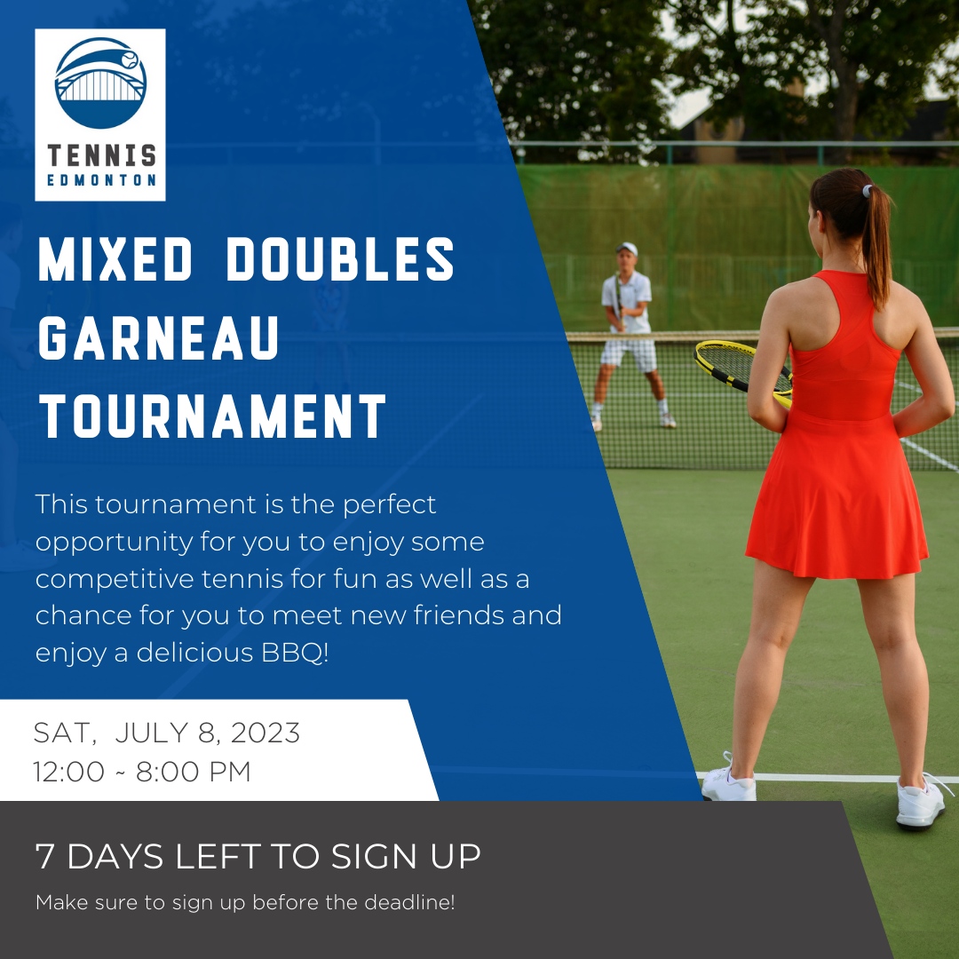 The mixed doubles tennis tournament at Garneau is happening soon on July 8! Make sure to sign up so you can be part of the fun tournament!
⁠
Sign up at:⁠
tennisedmonton.ca/tournaments
⁠
#MixedDoublesTennis #GarneauTournament #July8thEvent  #TennisFun #BeAPartOfIt #GameOn