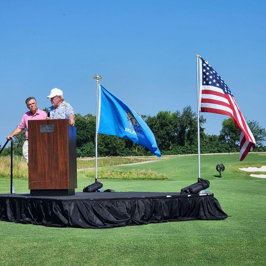 ShangriLaOKGolf's tweet image. The Battlefield at Shangri-La Dedication today with speakers, Barry Willingham, Eddy Gibbs, Jason Sheffield, Lieutenant Governor Matt Pinnell and State Representative Josh West.