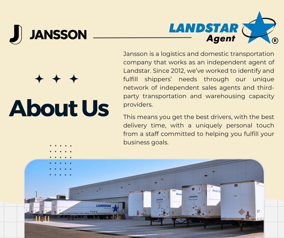 JanssonLLC's tweet photo. From LTL, to hazmat, to rail and beyond, Jansson has the drivers and the capacity to take on any assignment. Get fast, efficient bookings and constant communication to handle whatever challenges come your way. Talk to Jansson today! #Jansson #LandstarAgent https://t.co/ozY71peiHp