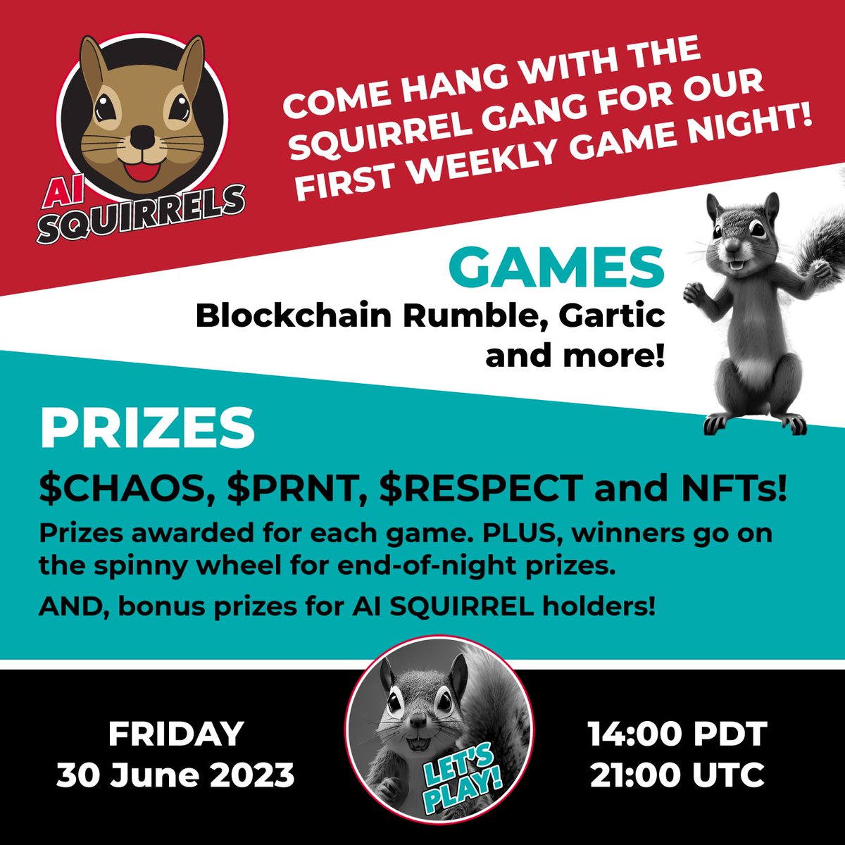 We have the prize list sorted and ready to go!
We'll be giving out:
 $CHAOS
$PRNT
$RESECT
$CUP
AI Squirrel NFTS 
AISQ Upgrade Card NFTs
Terza NFTS 
Rumble Nation Claw Wolf NFTs
Bearinho NFTs!

And if you don’t win, it’ll still be fun.. Right? See you soon
discord.gg/YdjpytqyZj