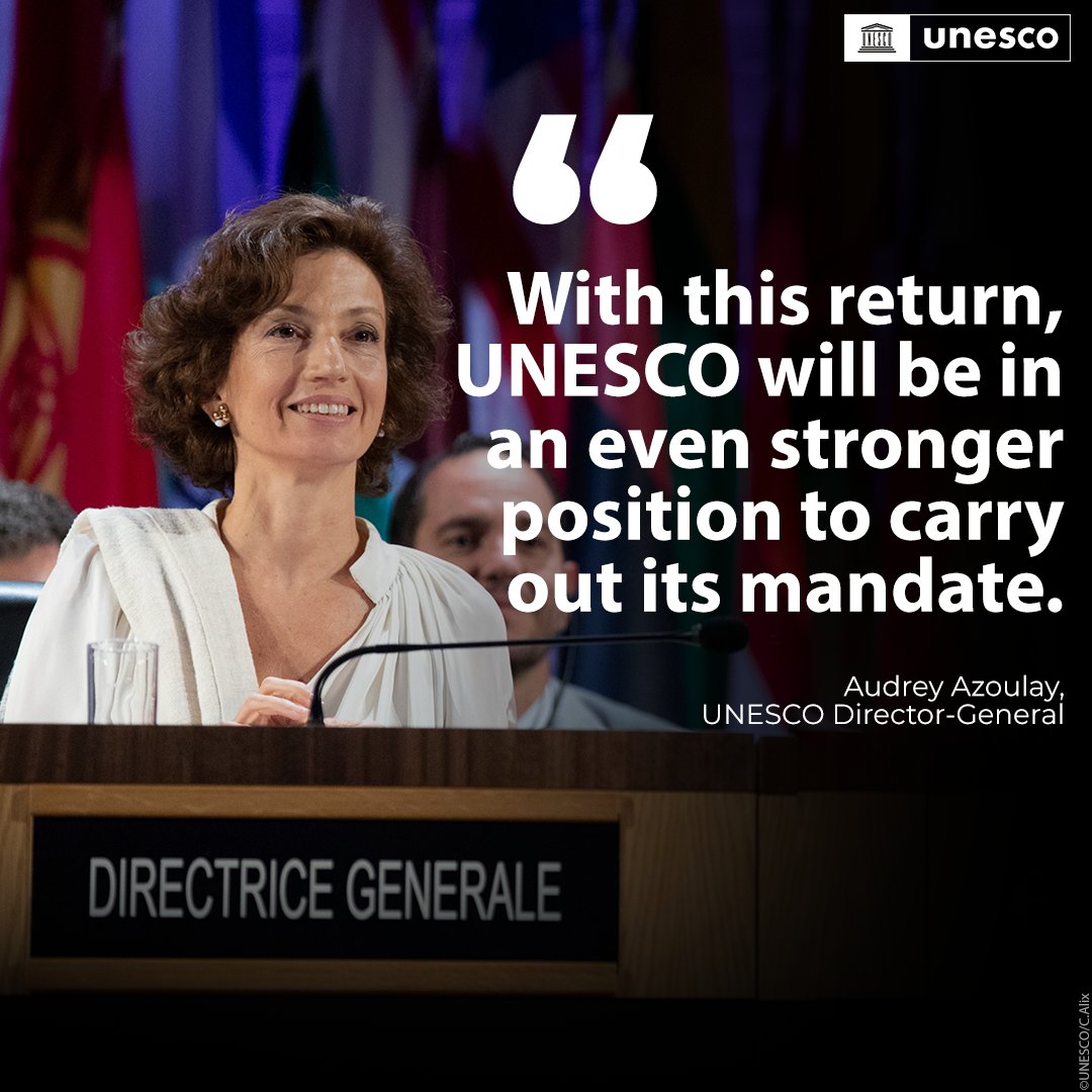 "It’s a great day for UNESCO and for multilateralism. Building upon the momentum achieved in recent years, our Organization is once again moving towards universalism with this return of the #UnitedStates" - <a href="/AAzoulay/">Audrey Azoulay</a>

on.unesco.org/3PD1Kjl #UnescoGC