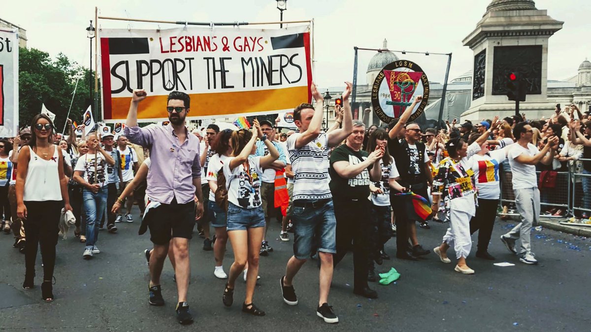 We send solidarity to all those attending tomorrow's Pride in London Parade. Here a photo from the 2015 march, with the <a href="/LGSMpride/">LGSM</a> contingent headed by cast members from <a href="/PrideMovieUK/">Pride Movie</a> and some of those they portrayed.