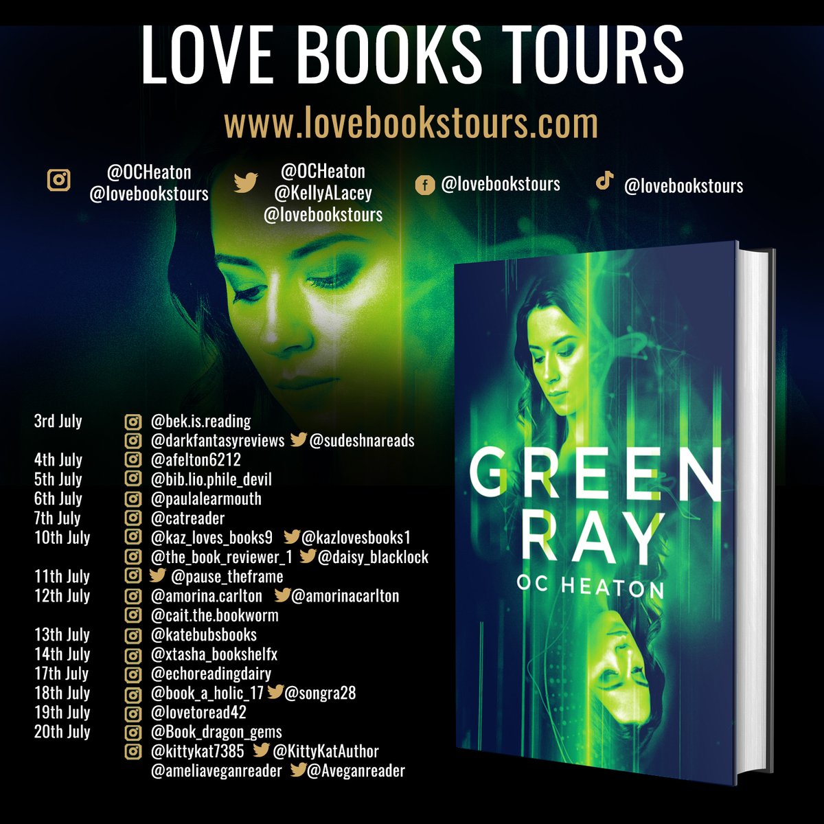 🚀📚👀 Don't miss the #virtualbooktour for Green Ray by OC Heaton! Sci-Fi fans, join Uma in her quest to save the planet and navigate ethical dilemmas. July 3-20. #LEAP #GreenRay 🌍🌱🌟 Organised by <a href="/lovebookstours/">Love Books Tours</a> for <a href="/OCHeaton/">O.C. Heaton</a>