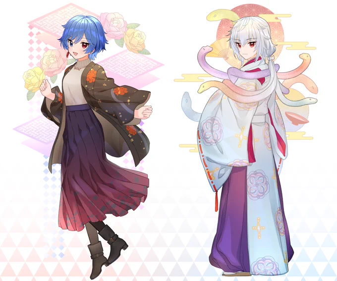八ツ越蠎様のイラストを描かせていただきました!私服衣装と狩衣衣装はデザイン原案を蠎様から頂きました。 可愛らしいお姿と厳かなお姿、どちらのスタイルもお似合いで楽しく制作させていただきました! 八ツ越蠎様 