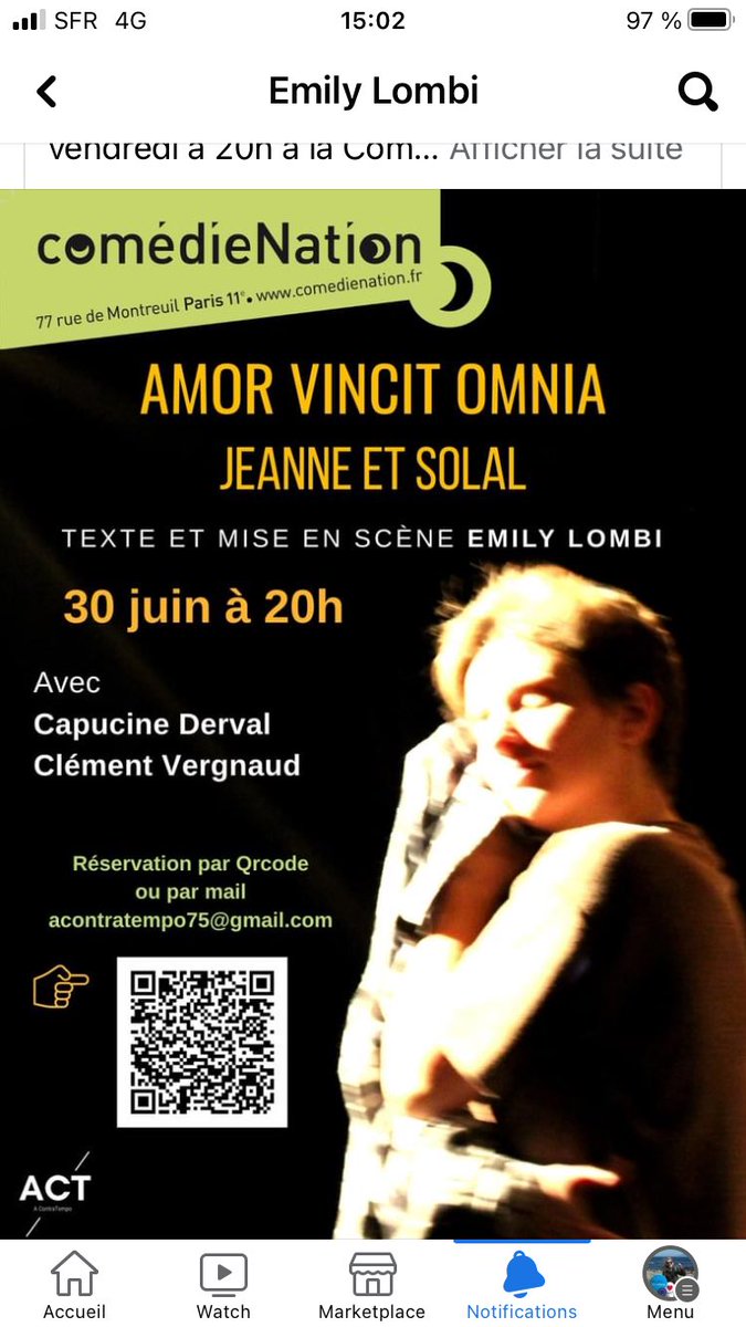 jeannemarie16's tweet photo. 🎭ce soir on s‘aime 💕
à 8 h
Comédie Nation
77 rue de Montreuil  Paris 11e

„Amor Vincit Omnia, Jeanne et Solal“ d’Emily Lombi

av Capucine Derval
Clément Vergnaud 
J. Dumas delaRoque
🎶Céline Lombi

Réservation en ligne ou QRcode
https://t.co/PP4ozGomk4 
🥂buvette à l'entracte ! https://t.co/L2V3MMBQ5x