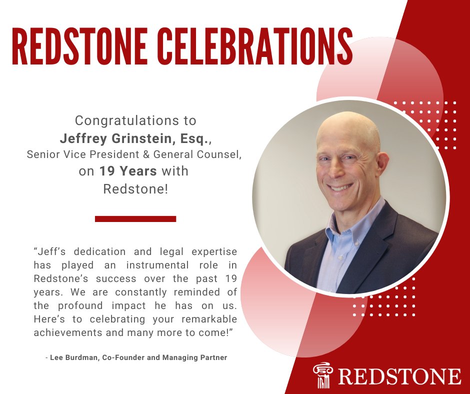 Today marks Jeffrey Grinstein's 19-year anniversary with Redstone Investments! We are so grateful to have you a part of our team and are looking forward to the years to come. Thank you for all that you do - Congratulations and Thank You, Jeff!

#RedstoneCelebrations #Milestone