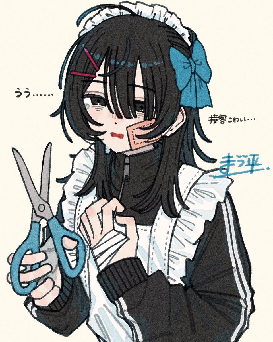 scissors solo 1girl maid headdress black hair apron bow  illustration images