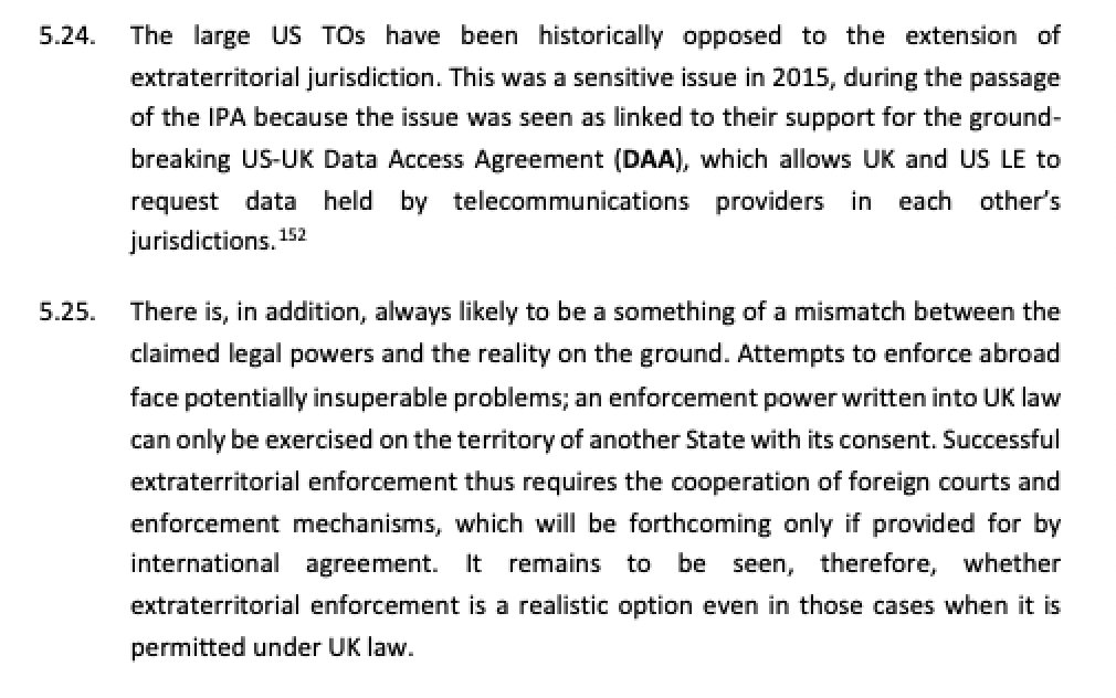 Fascinating report on UK IPA, commenting on US-UK #CLOUDAct agreement & cautioning that '[s]uccessful #extraterritorial enforcement...requires the cooperation of foreign courts & enforcement mechanisms, which will be forthcoming only if provided for by international agreement'.