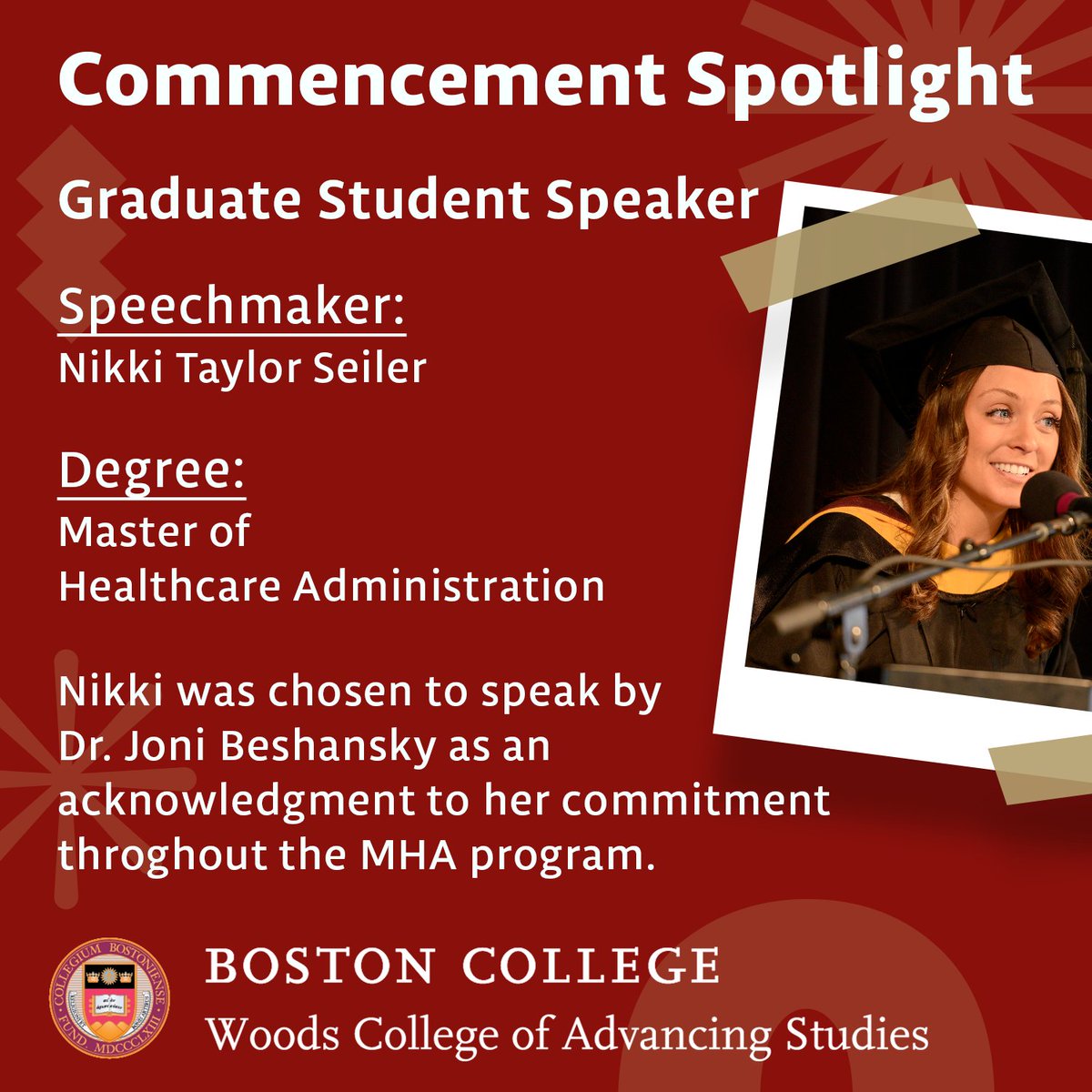 BCWoodsCollege's tweet photo. Paving the way for the future of Woods College masters graduates! Congratulations to Nikki Taylor Seiler for delivering an inspiring and bold commencement speech this past graduation! π
πΈ: @GradImages
#BCWoods #WeAreBC #CommencementSpeech #Graduation2023 https://t.co/pyMzdvmS6G