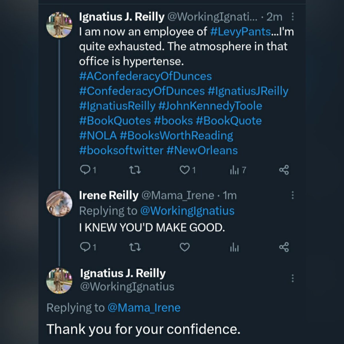 WorkingIgnatius's tweet image. Tweets with Mother
@Mama_Irene 
#AConfederacyOfDunces #ConfederacyOfDunces #IgnatiusJReilly #IgnatiusReilly #JohnKennedyToole #BookQuotes #books #BookQuote #LitQuotes #booksbooksbooks #booksoftwitter