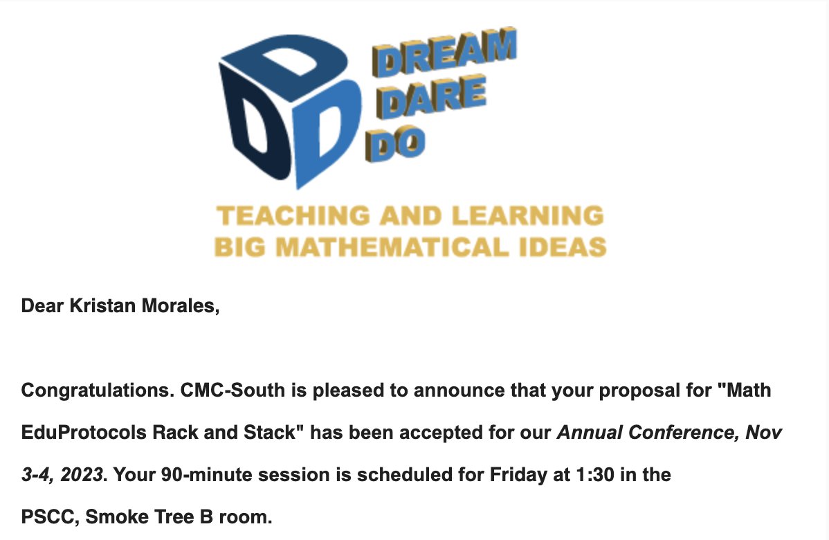 So excited to present math @eduprotocols #rackandstack @CAMathCouncil conference with @MvoyeNVES for templates for grades 4 thru AP PreCalc #it4eachmath #mtbos #cmcmath #wearecta @NowaTechie @jcorippo