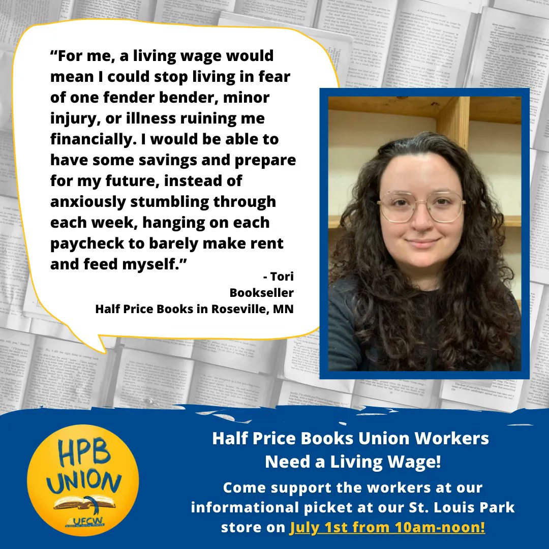 “For me, a living wage would mean I could stop living in fear of one fender bender, minor injury, or illness ruining me financially.'

Nobody should have to live paycheck to paycheck! ✊ 

- Tori, Bookseller at HPB in Roseville, MN

#UFCW #HPBUnion #1u #LivingWage