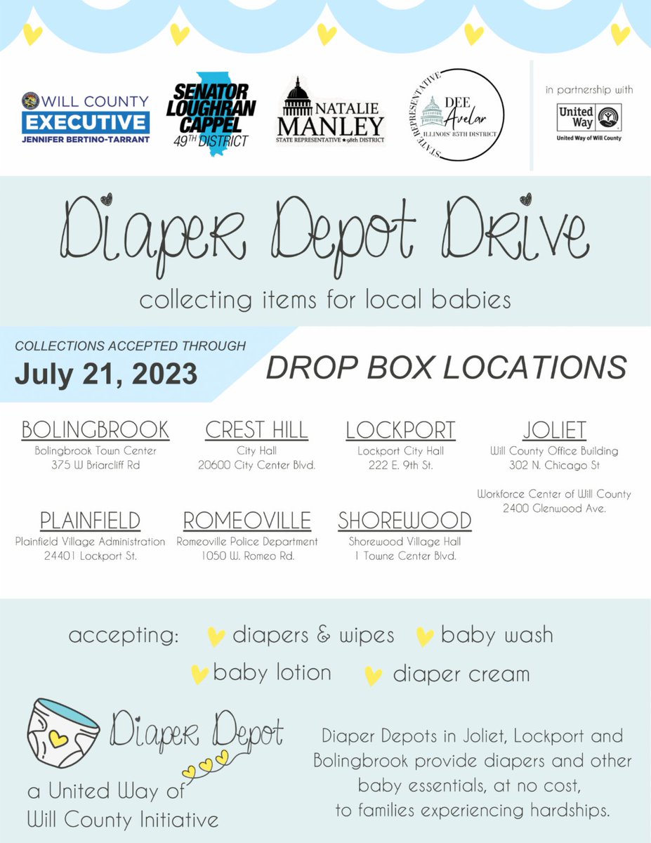 In partnership with United Way Will County and many of my fellow elected officials, I'm supporting the Diaper Depot Drive which is collecting items for local babies in need. Please consider donating supplies to the drop off locations listed below! #DiaperDepotDrive