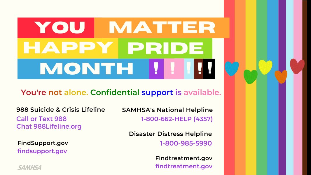 samhsagov's tweet photo. ❤️🧡 No matter the day or time of year, YOU MATTER ALWAYS
💛💚 If you ever feel like you don’t, if you’re struggling emotionally, or if you just need to talk, help is available
💙💜 Help yourself &amp; share to help others https://t.co/jTAO1Q8q9g 
#PrideMonth2023 🌈 #PrideMonth 🏳️‍🌈 https://t.co/78LEtbq0Za
