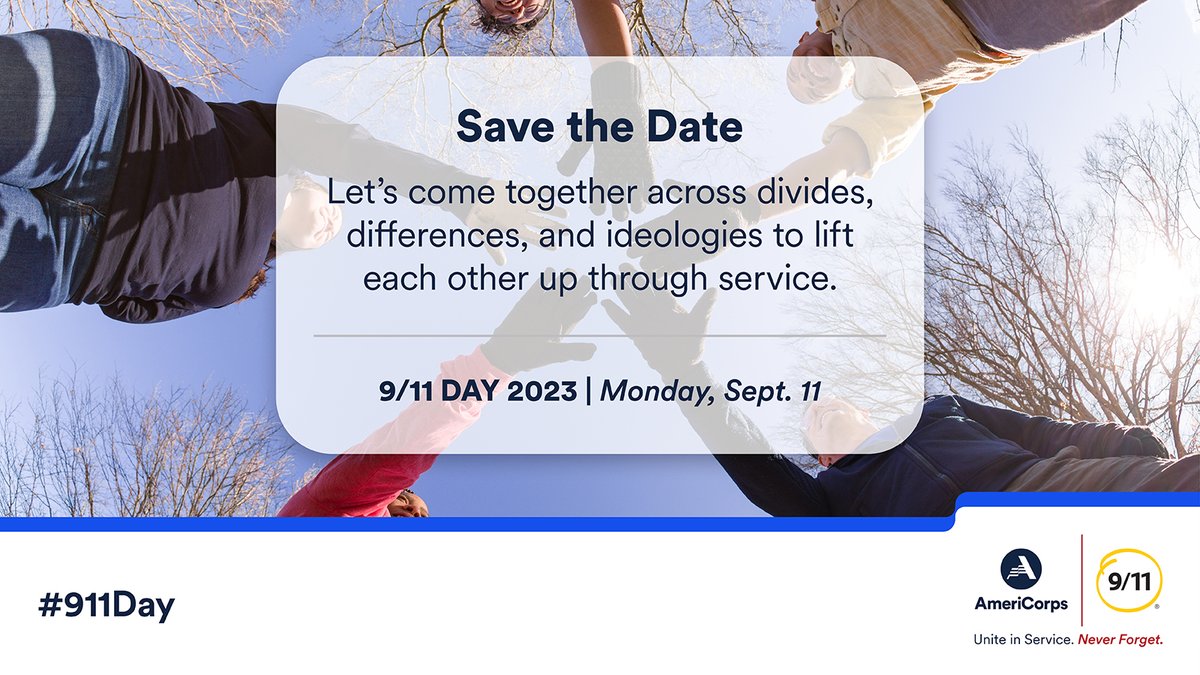 AmeriCorps's tweet image. ⏰ Save the Date | 9/11 Day 2023 ⏰
Unite in #Service on #911Day! Join us and @911day to honor those we lost and rekindle the spirit of togetherness that swept our nation after that tragic day. #RT to spread the word and get started, here: AmeriCorps.gov/911Day #IWillFor911Day