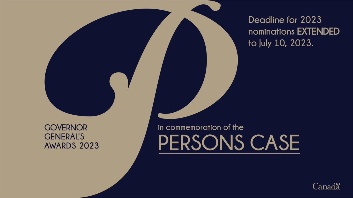 The deadline for nominations has been extended to July 10th! 

Do you know a Canadian who has helped advance equality for women and girls in Canada? Nominate them for a 2023 #GGAwards in Commemoration of the #PersonsCase.

 women-gender-equality.canada.ca/en/commemorati…
