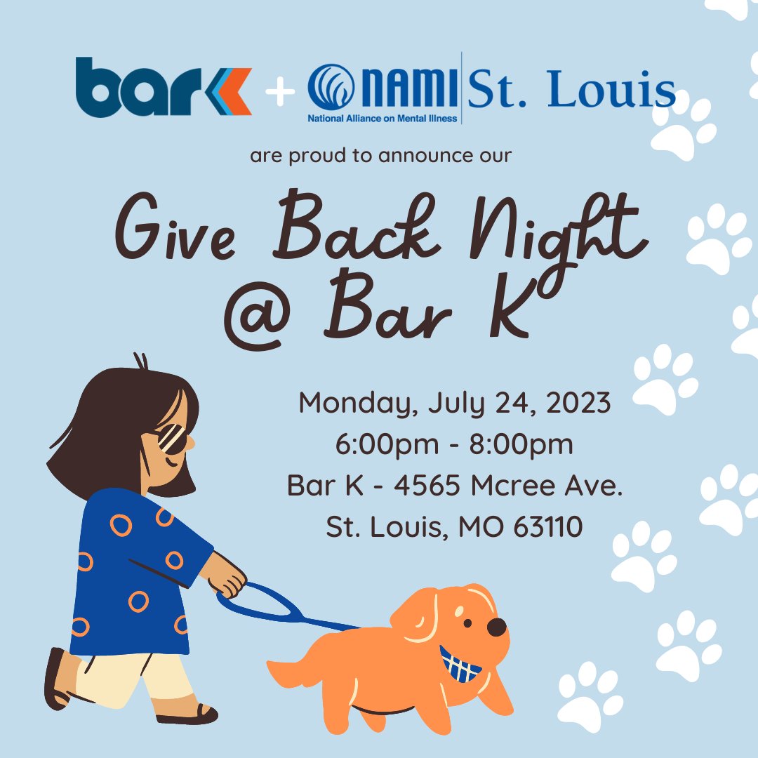 namistl's tweet photo. We are so excited to announce our partnership with Bar K, who is hosting a Give Back Night for NAMI St. Louis on July 24th from 6pm-8pm 📅 During the event, 10% of all food and non-alcoholic beverage sales will be donated to NAMI St. Louis! https://t.co/xFpP0JyM5q
