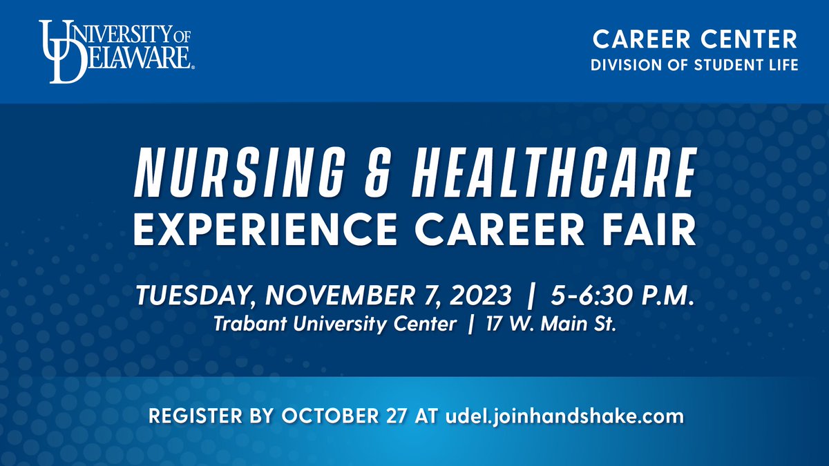 #SavetheDate for the <a href="/UDelaware/">Univ. of Delaware</a> #Nursing and #Healthcare Experience Career Fair this fall on Nov. 7. 

Registration is required by Oct. 27 ➡️ udel.joinhandshake.com

#netDE #UDIsthePlace #BlueHens #bethere #careerfair #jobs