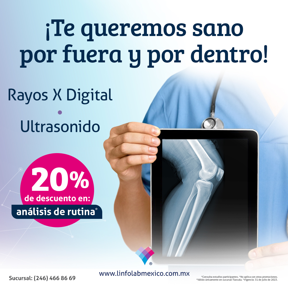 En Linfolab Tlaxcala te queremos sano por fuera y por dentro, con nuestros servicios de rayos X digital, ultrasonido y tomografía al 20% de descuento.

¡Visítanos!

#laboratoriotlaxcala #linfolab #certezatotal