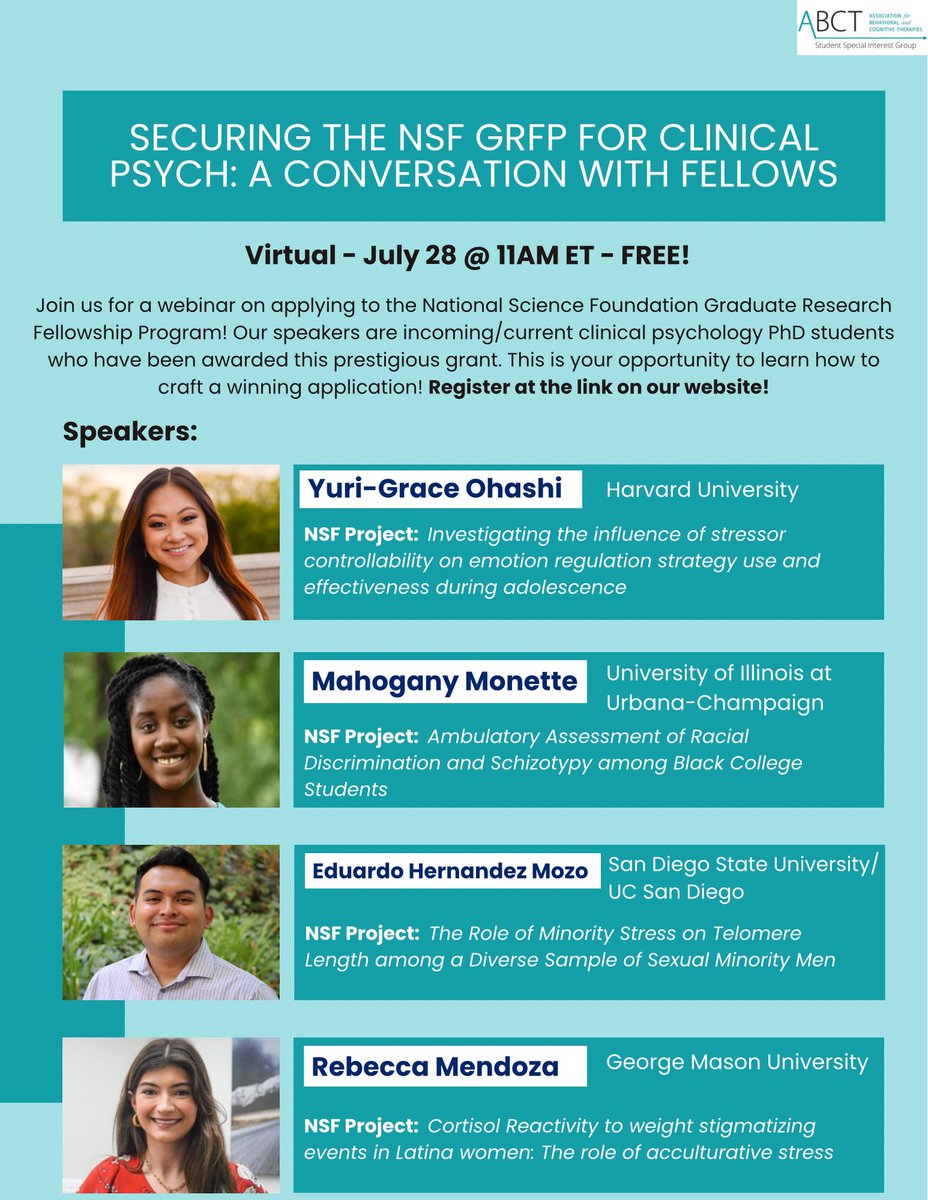 ABCT Student Special Interest Group (@abctstudentsig) on Twitter photo 🚨 Webinar announcement: 🚨
Join us on Fri 7/28 @ 11AM ET for a conversation with <a href="/NSF/">U.S. National Science Foundation</a> #GRFP fellows in clinical psychology programs!
FREE & VIRTUAL! Great speakers!
Register @ Eventbrite link below/on our website! 👇🎉
<a href="/YGBOhashi/">Yuri-Grace B. Ohashi</a> <a href="/MahoganyAlexus/">Mahogany Monette</a> <a href="/EduardoMozo424/">Eduardo Hernandez Mozo (He/Him)</a> @rrmendoza0 🚨 Webinar announcement: 🚨
Join us on Fri 7/28 @ 11AM ET for a conversation with <a href="/NSF/">U.S. National Science Foundation</a> #GRFP fellows in clinical psychology programs!
FREE & VIRTUAL! Great speakers!
Register @ Eventbrite link below/on our website! 👇🎉
<a href="/YGBOhashi/">Yuri-Grace B. Ohashi</a> <a href="/MahoganyAlexus/">Mahogany Monette</a> <a href="/EduardoMozo424/">Eduardo Hernandez Mozo (He/Him)</a> @rrmendoza0