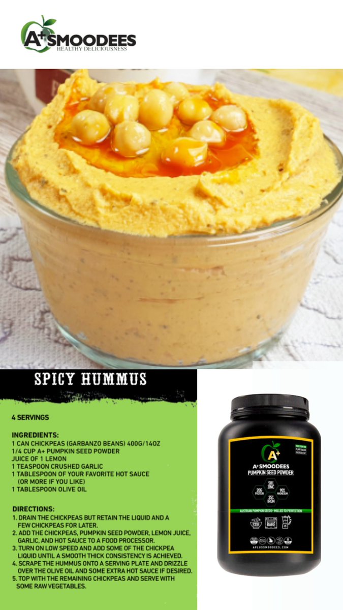 APlusSmoodees's tweet photo. Try our Pumpkin Protein Powder Hummus Recipe!
#PumpkinSeedPowder
#HealthyEating
#Superfood
#Nutrition
#PlantBased https://t.co/1mgj4rRcz4