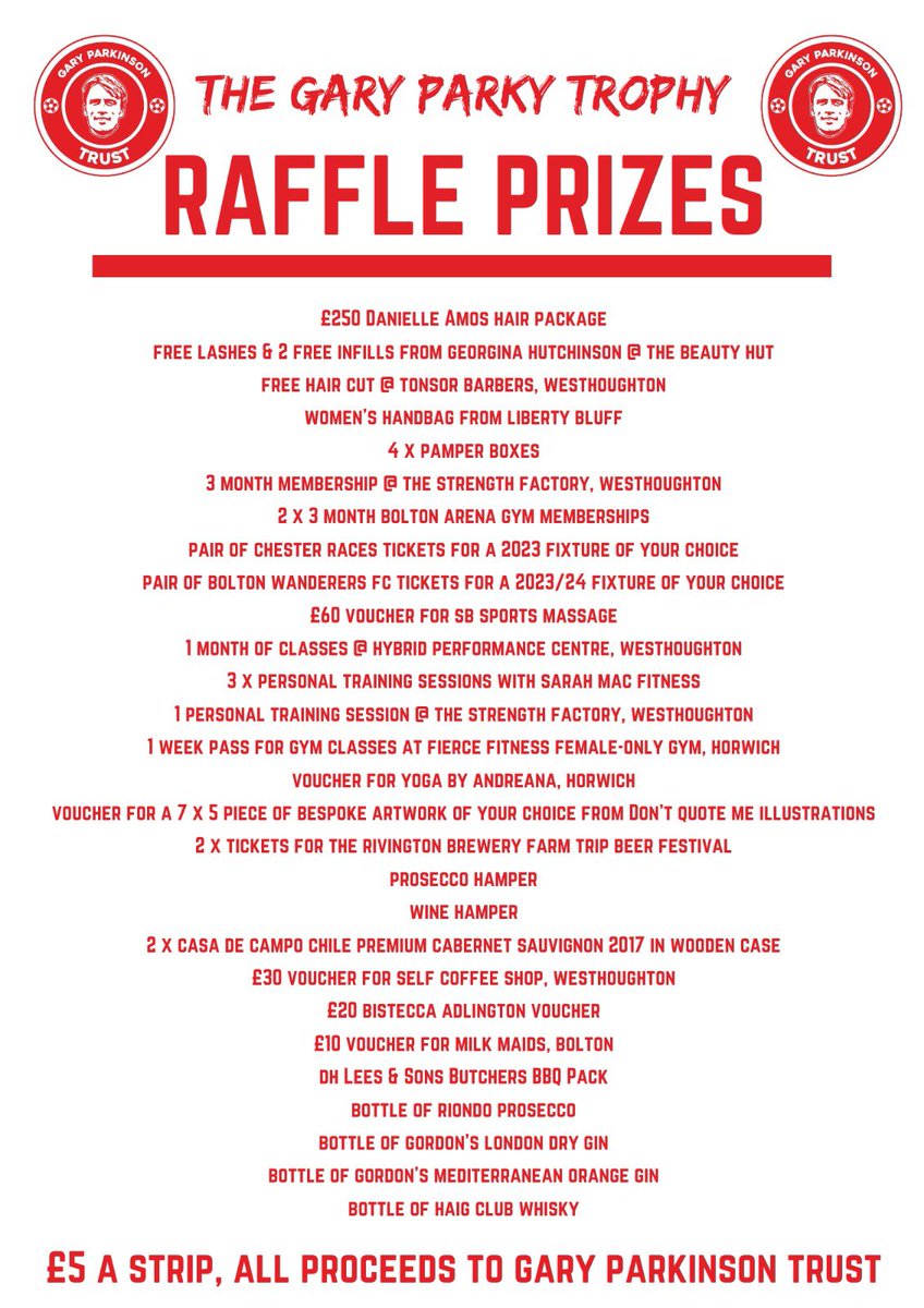 🎟️ GARY PARKY TROPHY RAFFLE 🎟️

If you’re joining us at <a href="/CMB_FC71/">CMB FC</a> tomorrow for the Gary Parkinson Trophy, here’s what you could win in the raffle - £5 per strip!

Some cracking prizes, so thanks very much to all the individuals and companies that have donated ❤️
