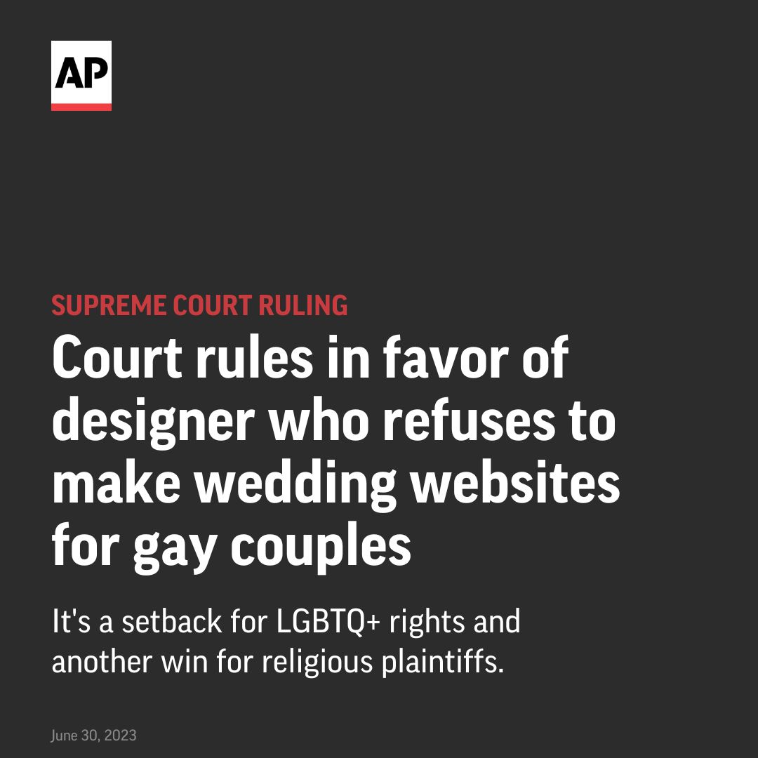 BREAKING: A Christian artist can refuse to make wedding websites for gay couples, the Supreme Court ruled in an LGBTQ+ rights setback and another win for religious plaintiffs. bit.ly/3XuAipL