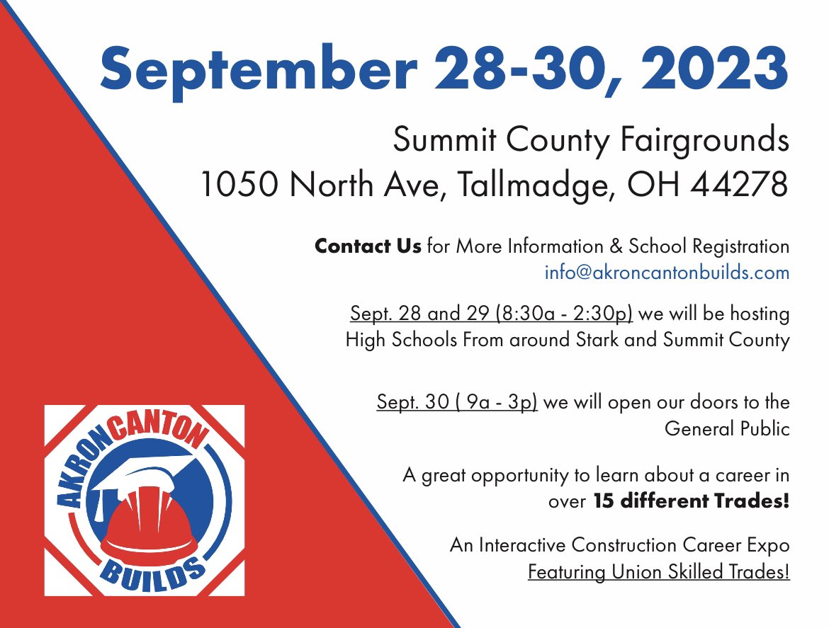 We are 3 months away🎉 Mark your calendars for the first Akron Canton Builds trades expo September 28-30. See hands on demonstration by your local unions and talk with local training centers. Visit our website for more information.