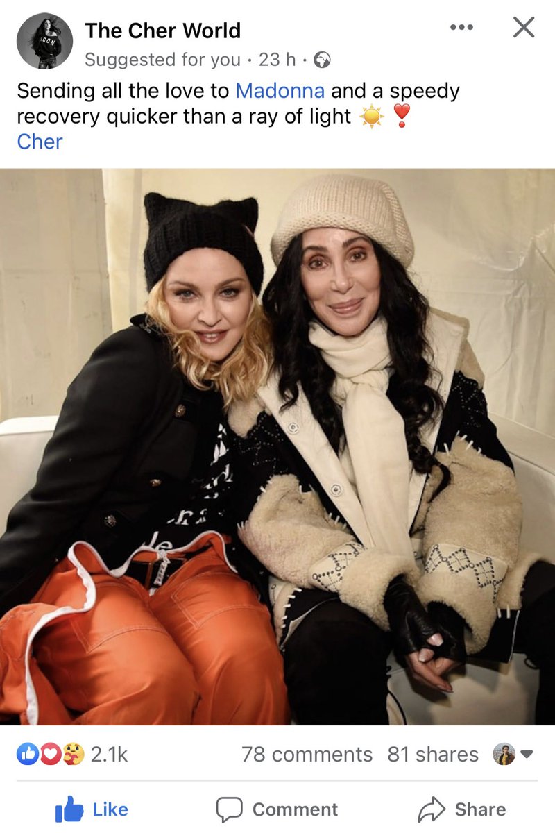 Lovely get-well wishes from a Cher fan page on Facebook! #GetWellSoonMadonna